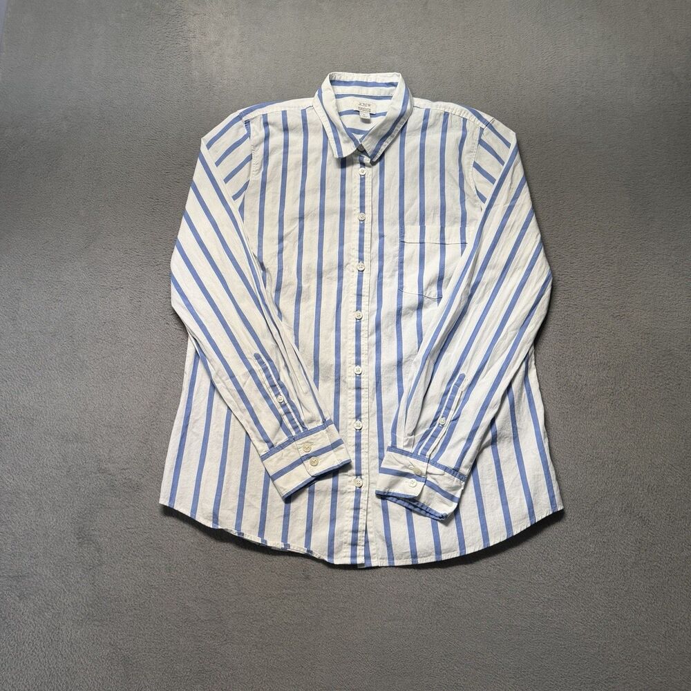 J.Crew Womens Large Button Up Shirt Blue White Striped Long Sleeve Stretch Top - Picture 1 of 8